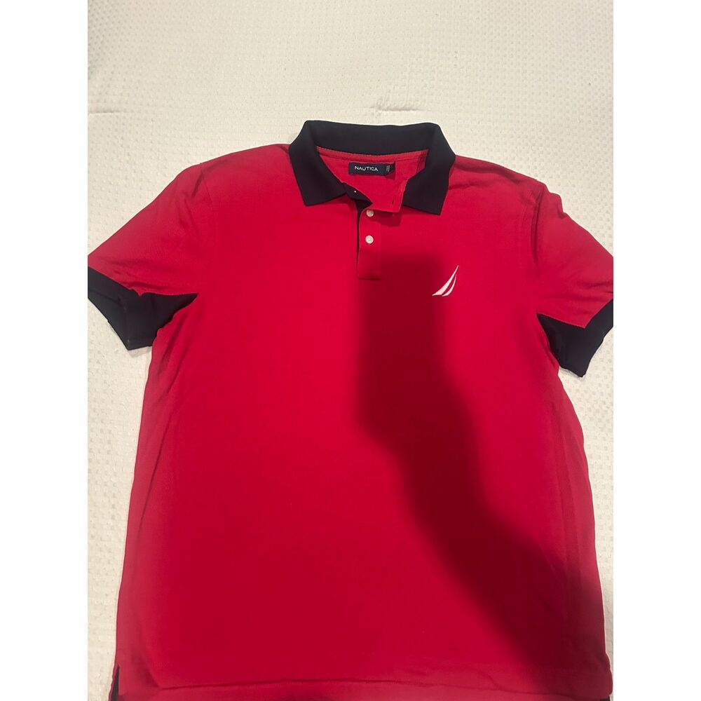 Nautica Men's Polo Shirt Size Large - Red Navy Blue Color Block Performance